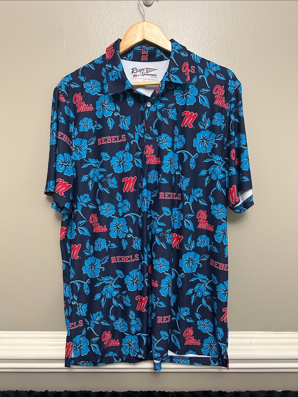 Mens Reyn Spooner University Ole Miss Rebels performance polo shirt Sz L